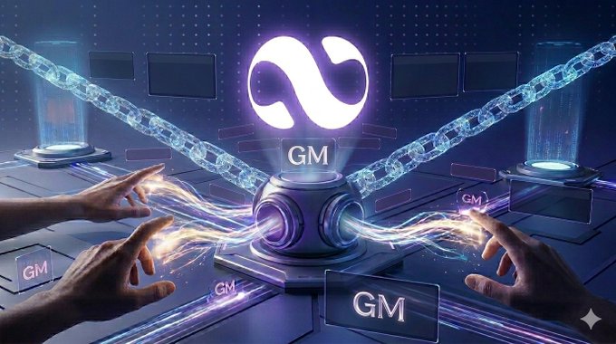 The image features a large purple circle with an "G" in the center, surrounded by blue and white lines representing chains. The text at the bottom of the image states that GM Start your day with secure native cross-chain swaps on Pact Swap. No bridges. No wrapped assets. Just seamless liquidity across chains. Trade smarter. Trade native. This is a design element intended to represent the nature of cryptocurrencies or blockchain technology, specifically focusing on the use of smart contracts within the context of an exchange platform. The person's hands appear to be manipulating the chain in front of them as if they're conducting transactions or making changes within the digital environment depicted in the image.