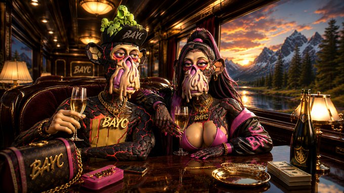Two tattooed figures with Bored Ape-style features and 'BAYC' branding lounge in an opulent vintage train car, holding champagne glasses against a sunset mountain backdrop.