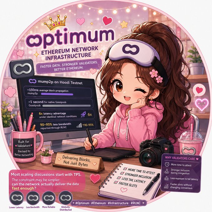 An anime-style promotional graphic for Optimum Ethereum Network Infrastructure featuring a girl with VR goggles, highlighting 'mump2p on Hoodi Testnet' with metrics like ~150ms block propagation and 6x latency advantage.