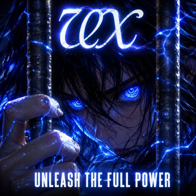 A stylized promotional graphic featuring a dark-haired character with glowing blue eyes peering through bars amid blue lightning effects, with the letters 'ZOX' and the tagline 'UNLEASH THE FULL POWER'.