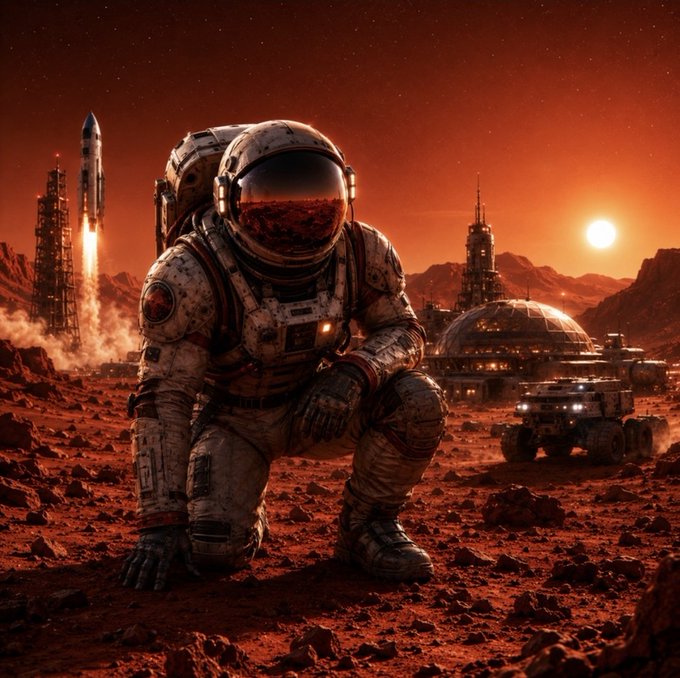 A digital artwork of an astronaut kneeling on the red Martian surface, with a rocket launching in the background, a Mars rover, and a habitat dome under a dusty orange sky.
