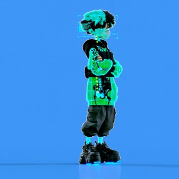 A stylized, high-contrast image of a young person in a hoodie and chunky sneakers standing against a bright blue background, with their figure rendered in black and cyan tones.