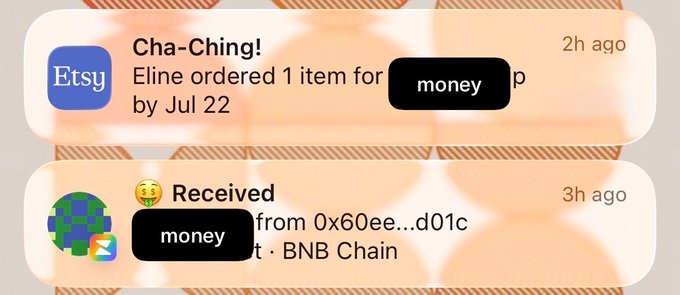 Mobile notifications show an Etsy order confirmation from Eline and a received payment notification from a BNB Chain address, with 'money' redacted in black boxes.
