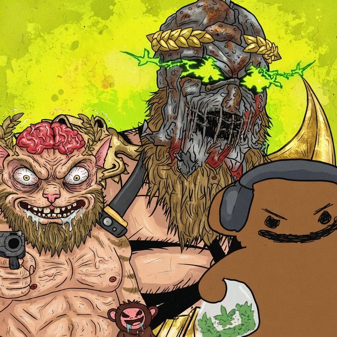 A cartoon illustration with a yellow-green background featuring a muscular barbarian with a brain-exposing helmet holding a sword, a wild-eyed cat-creature with an exposed brain holding a gun, and a brown poop emoji character wearing headphones.
