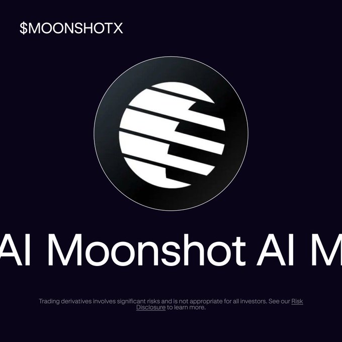 The image displays a promotional graphic for "$MOONSHOTX" featuring a black circular logo with a stylized white design and scrolling ticker text reading "AI Moonshot AI M" against a dark background, along with a risk disclosure notice about derivatives trading, supporting the announcement of $MOONSHOTx perpetual contracts going live on Kraken's trading platform.