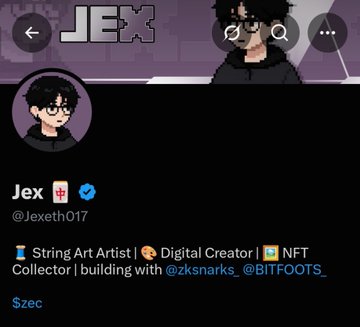 A Twitter/X profile page for 'Jex' (@jexeth017) with a verified badge, describing themselves as 'String Art Artist | Digital Creator | NFT Collector | building with @zksnarks_ @BITFOOTS_'.