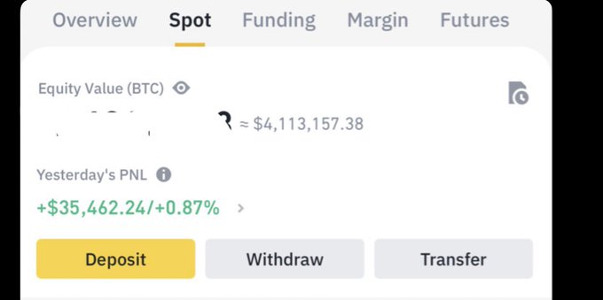 The image shows a Binance Spot trading account dashboard displaying an Equity Value of approximately $4,113,157.38 (in BTC) with a positive Yesterday's PNL of +$35,462.24 (+0.87%), along with Deposit, Withdraw, and Transfer buttons. This aligns with the post about checking a large Binance DCA account, where the owner is contemplating whether to hold their current crypto holdings or diversify into other investments.