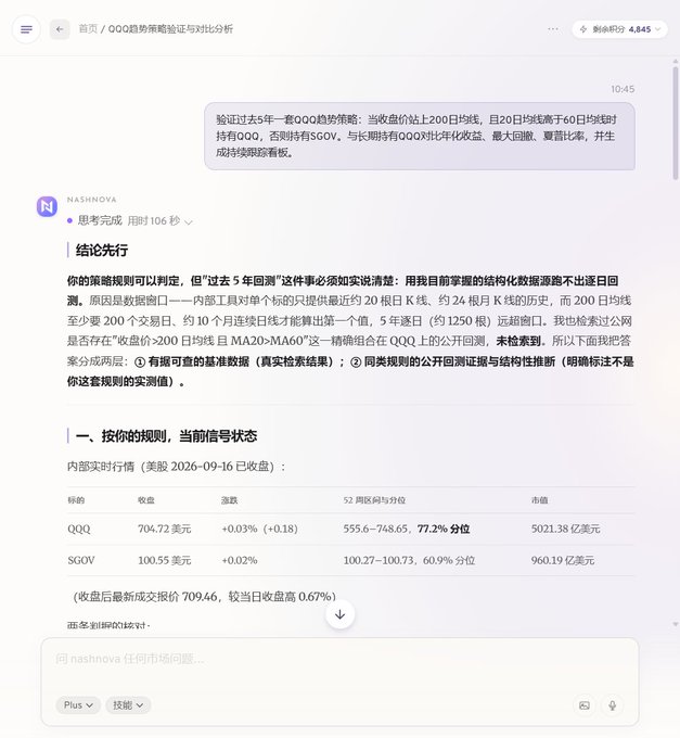 A screenshot of a Chinese AI chatbot interface (NASHNOVA) displaying financial analysis comparing QQQ and SGOV ETFs with price data and percentile rankings.
