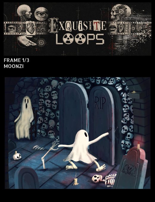 A digital art piece titled 'Exquisite Loops FRAME 1/3 MOONZI' showing a header with anatomical illustrations and a scene of a cartoon ghost in a crypt surrounded by skulls and tombstones.