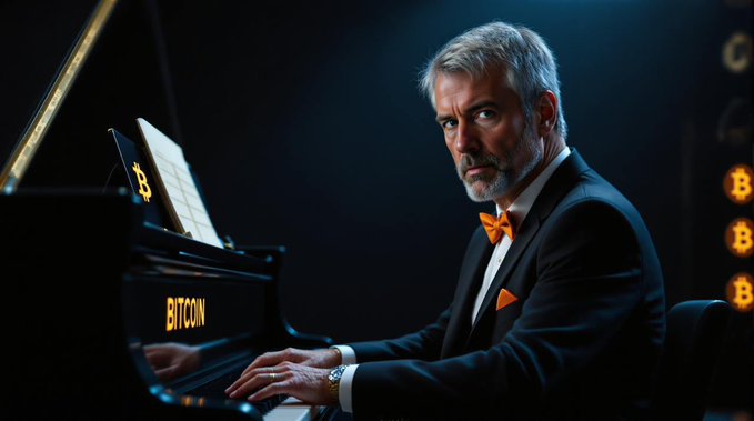 A man in a dark suit and orange bow tie plays a black piano with "BITCOIN" written in gold lettering, with orange Bitcoin "B" logos displayed in the background.