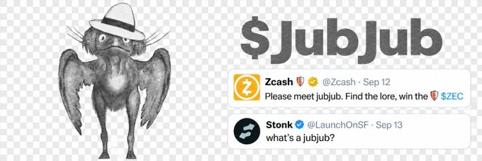 A whimsical illustration of a bird-like creature wearing a hat next to the text '$JubJub', with tweet screenshots from Zcash and Stonk.