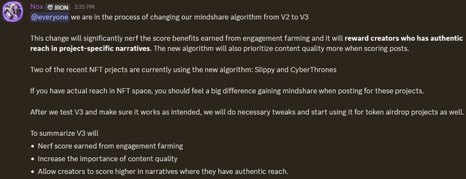A Twitter/X post from @Nox_iron announces that the Nox platform is upgrading its mindshare algorithm from V2 to V3 to nerf engagement farming and reward authentic project-specific reach, with Slippi and CyberThrones testing the new system.