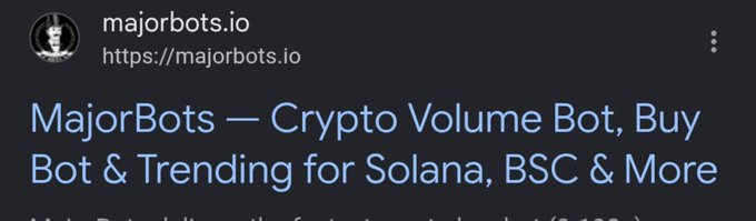 The image shows a search result snippet for "majorbots.io" with the title "MajorBots – Crypto Volume Bot, Buy Bot & Trending for Solana, BSC & More," indicating a service offering trading automation bots. The "God bless this cursed chain" comment likely sarcastically critiques the proliferation of manipulation tools like MajorBots being used on crypto networks, suggesting reliance on volume bots reflects poorly on the integrity of chains like Solana and BSC.