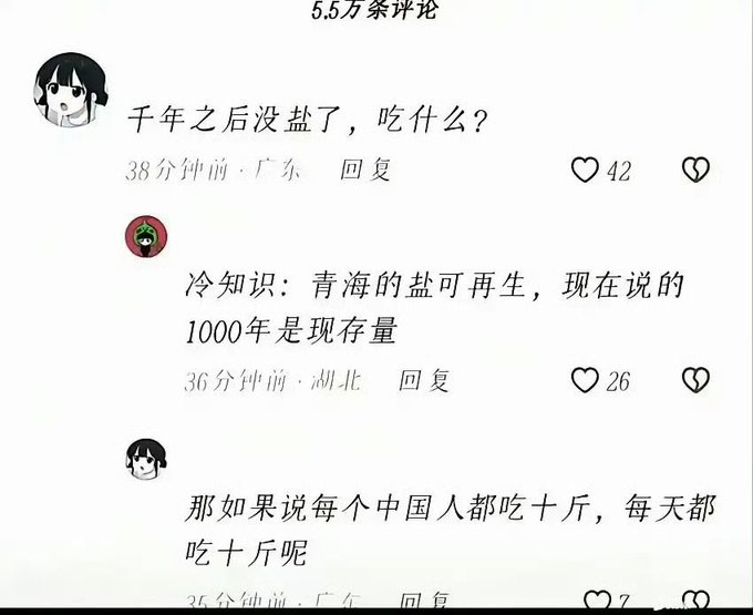 Chinese social media comments asking "千年之后没盐了,吃什么?" (What will we eat if there's no salt in a thousand years?), with a reply noting Qinghai salt is renewable, and another asking what happens if every Chinese person eats ten jin per day.
