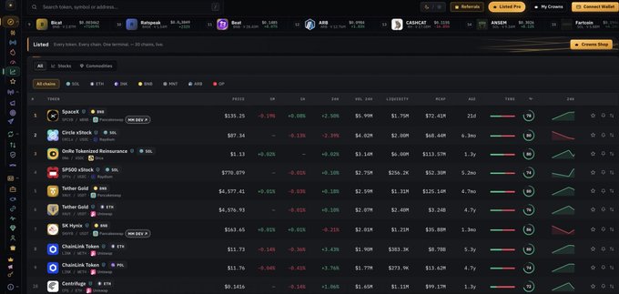 Crypto token tracking dashboard listing multiple tokens with prices, 24h change, FDV, liquidity, and ratios; tokens visible include SpaceX, Circle xStock, Oracle Tokenized Resistance, SPDR xStock, Tether Gold, SK Hynix, and ChainLink Token.