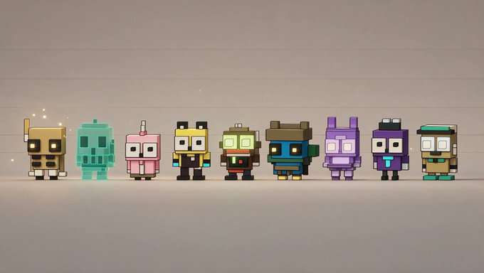 A lineup of blocky, voxel-style cartoon characters with square heads in various colors and outfits stands against a plain gray background. The image ties to the post by visually showcasing a collection of NFT characters, aligning with the announcement about Vibe Vibers' NFT launching on Robinhood.