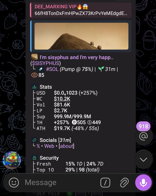 A crypto tracking app interface shows a token called '$SISYPHUS' trending at 75% pump, with stats including USD $0.0,1023 (+257%), Market Cap $10.2K, and Volume $81.6K, displaying social and security metrics from 'DEE_MARXING VIP'.
