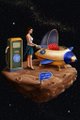 A pixel-art scene shows a character with wings fishing on a floating asteroid next to a vending machine, with a fish and a blue creature nearby. The image serves as an example of the artist's creative work available for purchase on the Ethereum and Tezos blockchains, as mentioned in the post.