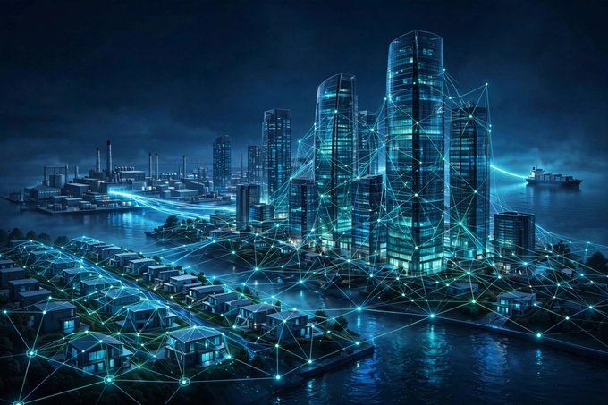 A futuristic nighttime cityscape with illuminated skyscrapers and residential areas connected by glowing blue network nodes and lines representing digital connectivity.