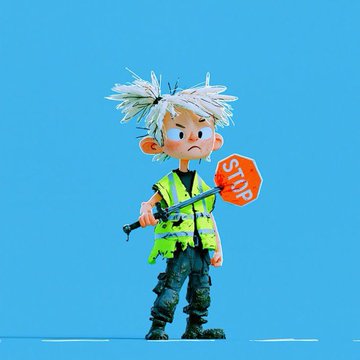 A 3D-rendered figurine of a stylized boy with spiky silver hair wearing a green vest and holding a red octagonal STOP sign on a stick.
