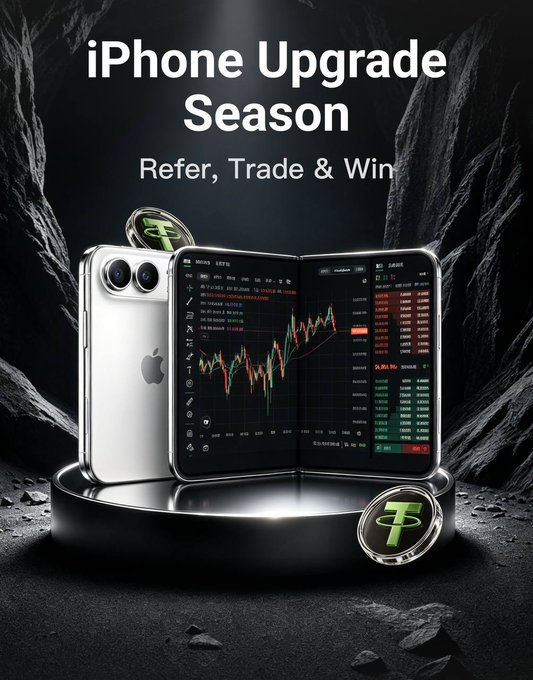 The promotional graphic displays "iPhone Upgrade Season - Refer, Trade & Win" alongside an iPhone and a trading interface showing candlestick charts, with Hotcoin tokens featured, illustrating the campaign's offer to earn rewards like USDT bonuses and potentially win an iPhone through referrals and trading.