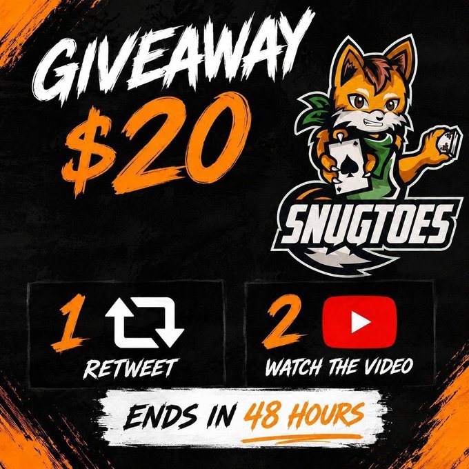 A promotional giveaway graphic for "SNUGTOES" featuring a cartoon fox mascot holding aces, advertising a $20 giveaway that requires retweeting and watching a YouTube video, with the offer ending in 48 hours—matching the caption's details about a crypto giveaway with proof video.