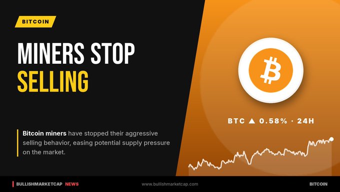A Bitcoin news graphic titled 'MINERS STOP SELLING' from BULLISHMARKETCAP NEWS, showing BTC up 0.58% in 24H with a price chart.