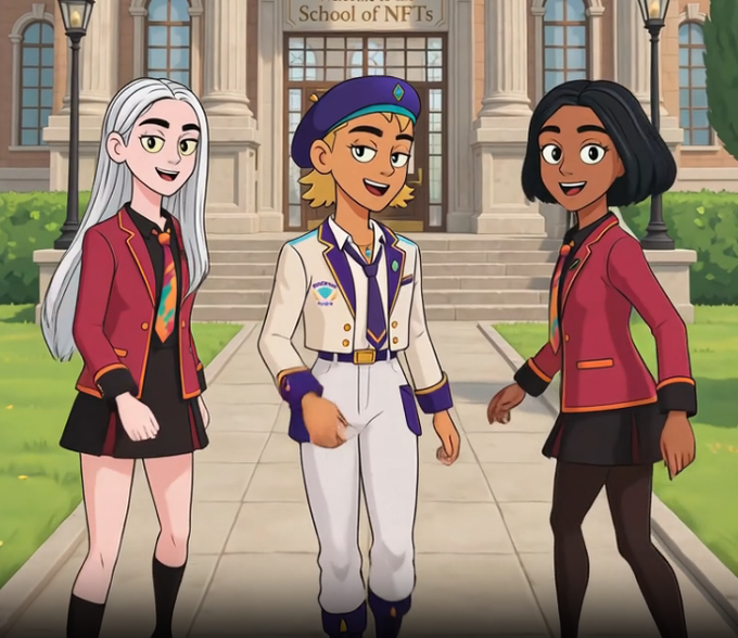 The cartoon image depicts three students standing in front of a building labeled "School of NFTs," with two wearing red school blazers and one in a white uniform with a purple beret, visually representing the NFT collection launch mentioned in the post.