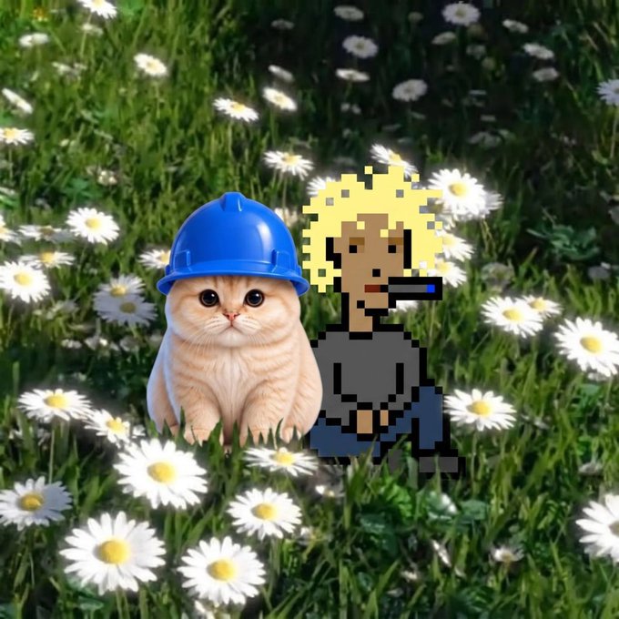 A realistic orange tabby cat wearing a blue construction hard hat sits in a field of daisies next to a pixelated character with spiky blonde hair and a cigarette, depicting "Jesse and BaseCat" as referenced in the post—likely a character and pet pairing from a game or meme.