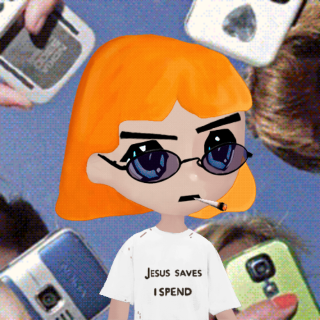 A digital avatar of an orange-haired character wearing sunglasses and a t-shirt reading "Jesus Saves I Spend," with a cigarette in mouth, set against a backdrop of mobile phones. The image relates to the post as a stylized representation of a crypto NFT buyer purchasing "Based Angels #3932" for 0.00090 BTC on Satflow market.