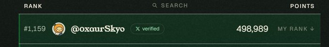 A leaderboard screenshot showing rank #1,159 for user @oxaurSkyo, verified, with 498,989 points.