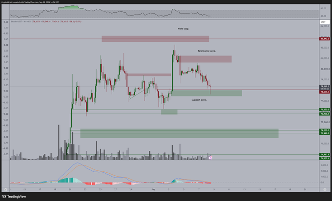 This image shows a TradingView chart of Bitcoin (BTC/USD) with annotated "Resistance area," "Support area," and "Next stop" zones highlighting key price levels around $80,000 resistance and the $76,000-$79,000 support region, with MACD and volume indicators visible at the bottom. The chart visually illustrates the post's thesis that Bitcoin is currently testing a critical support level that must hold to enable another upward move toward the highs, with $74,000 identified as the next downside target if support fails.