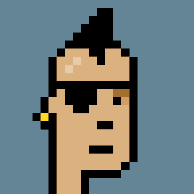 A pixel art image depicting a man with dark hair wearing an earring, rendered in a blocky, retro video game style against a solid blue background.