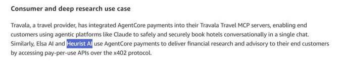 A text excerpt titled 'Consumer and deep research use case' discussing how Travala and Elsa AI use AgentCore payments and Heurist AI to provide services like booking hotels and financial research via the x402 protocol.