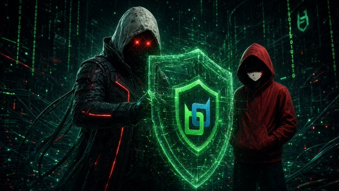 Two hooded figures stand in a dark digital environment with matrix-style code in the background, with one featuring glowing red eyes beside a green holographic shield logo.