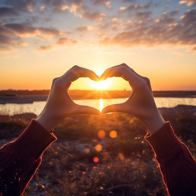 Two hands wearing a dark red sweater form a heart shape against a sunset over water, framing the sun and creating a warm, glowing lens flare effect.