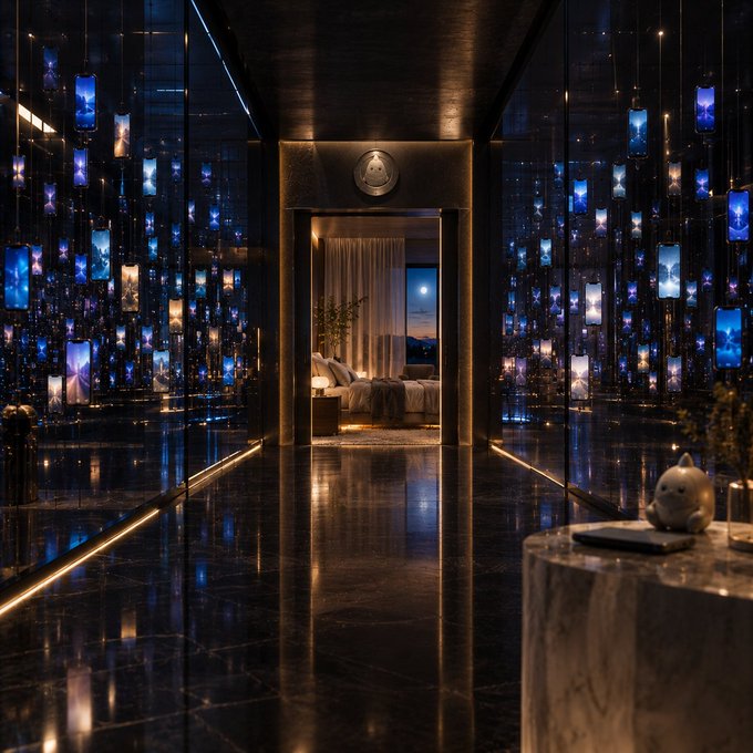 A luxurious, dimly lit bedroom visible through a doorway, framed by mirrored walls embedded with glowing blue rectangular lights reflecting across a polished black marble floor.