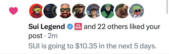 The screenshot shows a social media notification where "Sui Legend" (verified) and 22 others liked a post from 2 minutes ago predicting "SUI is going to $10.35 in the next 5 days." This aligns with the caption celebrating the well-known SUI crypto influencer's return to activity with another bullish price prediction.