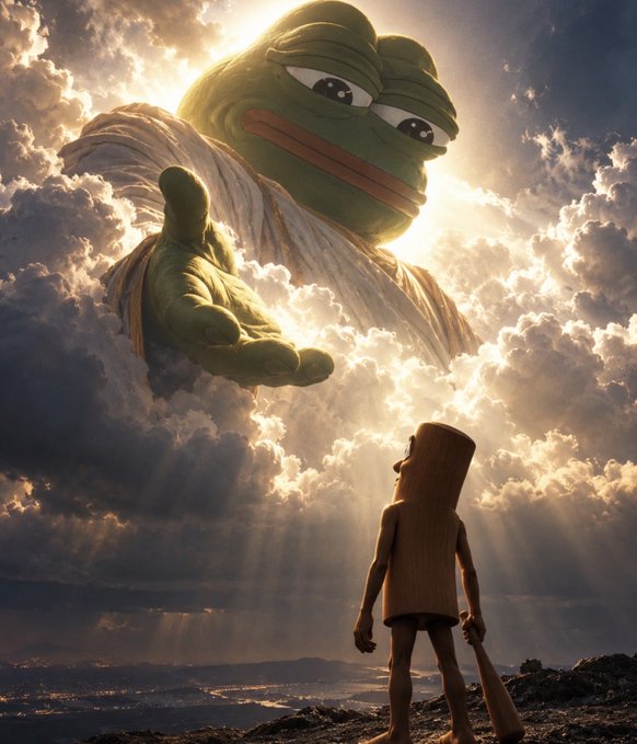 A massive, somber-looking Pepe the Frog emerges from the clouds, reaching down toward a small wooden figure (resembling a Tung Tung Tung Sahur character) standing on a barren landscape below, evoking a godlike, melancholic scene. The image visually echoes the post's tone, symbolizing reaching monumental goals ("100m+") through the lonely, surreal image of Pepe guiding or confronting the Sahur figure.