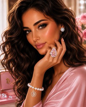 A glamorous portrait of a woman with voluminous wavy brown hair wearing a pink top, pearl bracelet, and diamond jewelry, posing near a pink gift box.