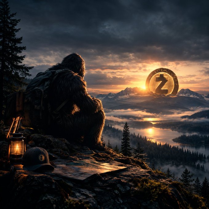 A cinematic digital artwork showing a furry creature, possibly Bigfoot or a cryptid, sitting on a rocky cliff at sunset, looking out over a misty mountain valley toward a giant glowing 'Z' coin in the sky, with a lantern and a cap in the foreground.