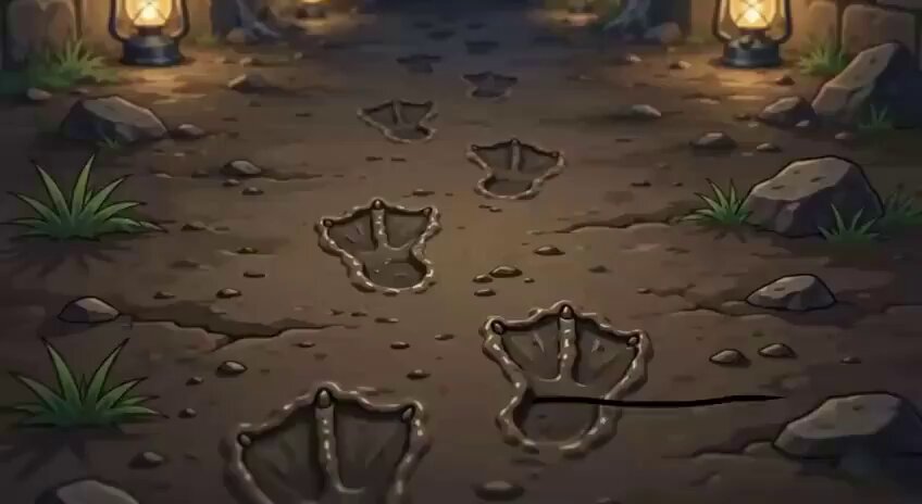 The image features a cartoon scene of a path with four bird footprints leading towards a cave at night. The path is surrounded by rocks and illuminated by two lanterns, one located near the left side and another closer to the center. The background includes a dark sky and grassy area, creating an atmosphere reminiscent of a post-apocalyptic setting or a jungle adventure.