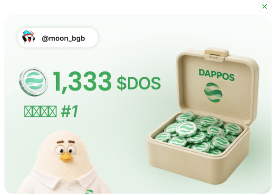 The image shows a celebratory airdrop notification for user @moon_bgb featuring a green egg-shaped character and an open chest of DappOS coins, displaying a reward of "1,333 $DOS" as the #1 prize tier. This visually represents the user's excitement about receiving their DappOS airdrop allocation, with the treasure chest of tokens symbolizing the coins they've claimed from the distribution.