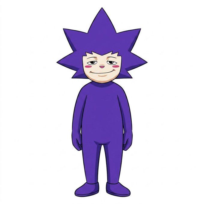 Cartoon illustration of a character with purple spiky hair and a matching purple outfit.