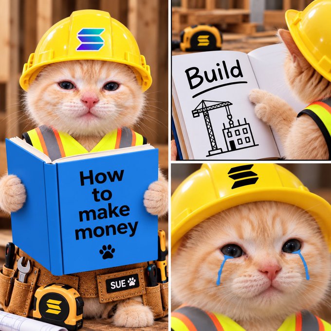 A meme collage of an orange kitten wearing a yellow hard hat and construction vest, reading books titled 'How to make money' and 'Build', with one image showing the kitten crying.
