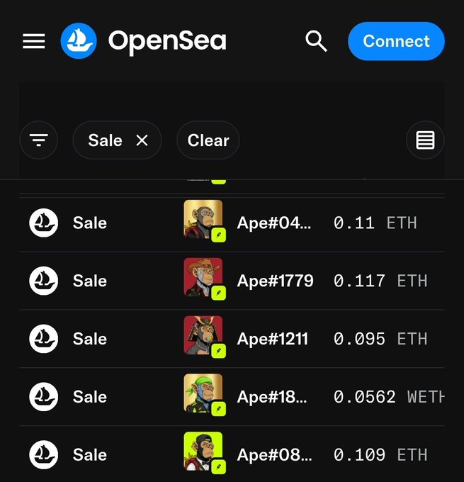 A screenshot of the OpenSea app showing a filtered list of NFT sales, including items like "Ape#04..." for 0.11 ETH and "Ape#1779" for 0.117 ETH.