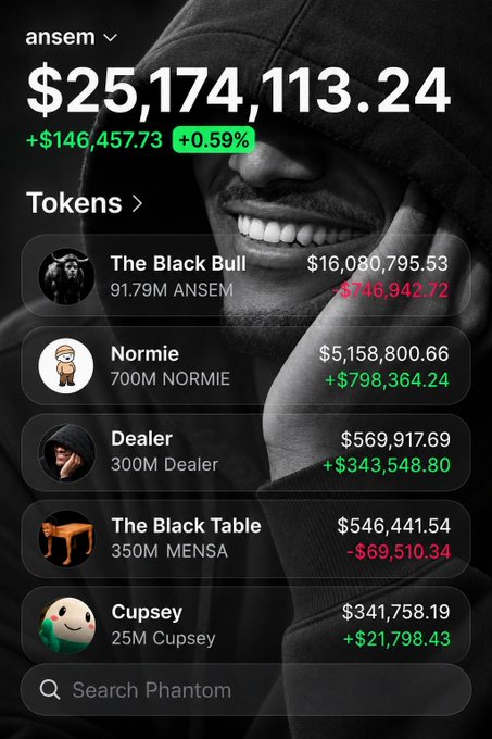 The image shows a Phantom wallet screenshot for "ansem" displaying a portfolio value of $25,174,113.24 (+0.59%), with $Dealer listed as one of the tokens at a value of $569,917.69 with a gain of +$343,548.80. The post highlights $Dealer as a notable culture coin, emphasizing its tokenomics, including 30% of supply sent to @blknoiz06 and creator rewards funding ecosystem coins like $ANSEM and $NORMIE.