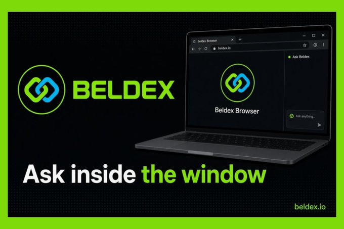 An advertisement for the "BELDEX" browser showing a laptop screen with "Ask inside the window" as the main tagline and beldex.io displayed.