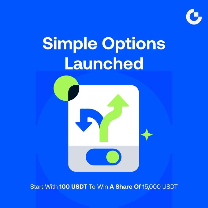 The promotional image for Gate.io's "Simple Options Launched" campaign features a stylized trading interface icon with green and blue arrows indicating price movement, alongside a toggle switch symbol. The graphic highlights a promotion where users can start with 100 USDT to win a share of 15,000 USDT, directly supporting the post's message about simplified options trading requiring only a basic price prediction input.