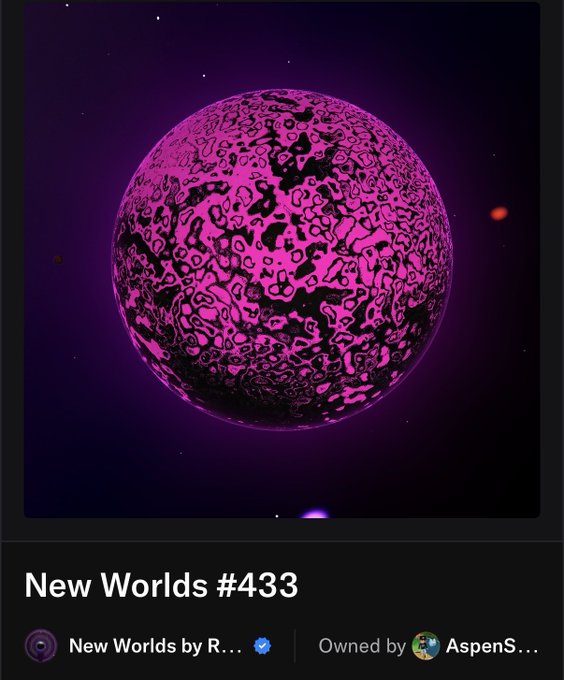 A digital artwork titled 'New Worlds #433' by 'New Worlds by R...' and 'AspenS...', featuring a textured pink and black planet against a dark, starry space background.